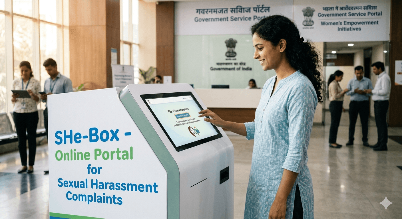 A woman accessing SHe-Box Online Complaint Management System for lodging posh complaint