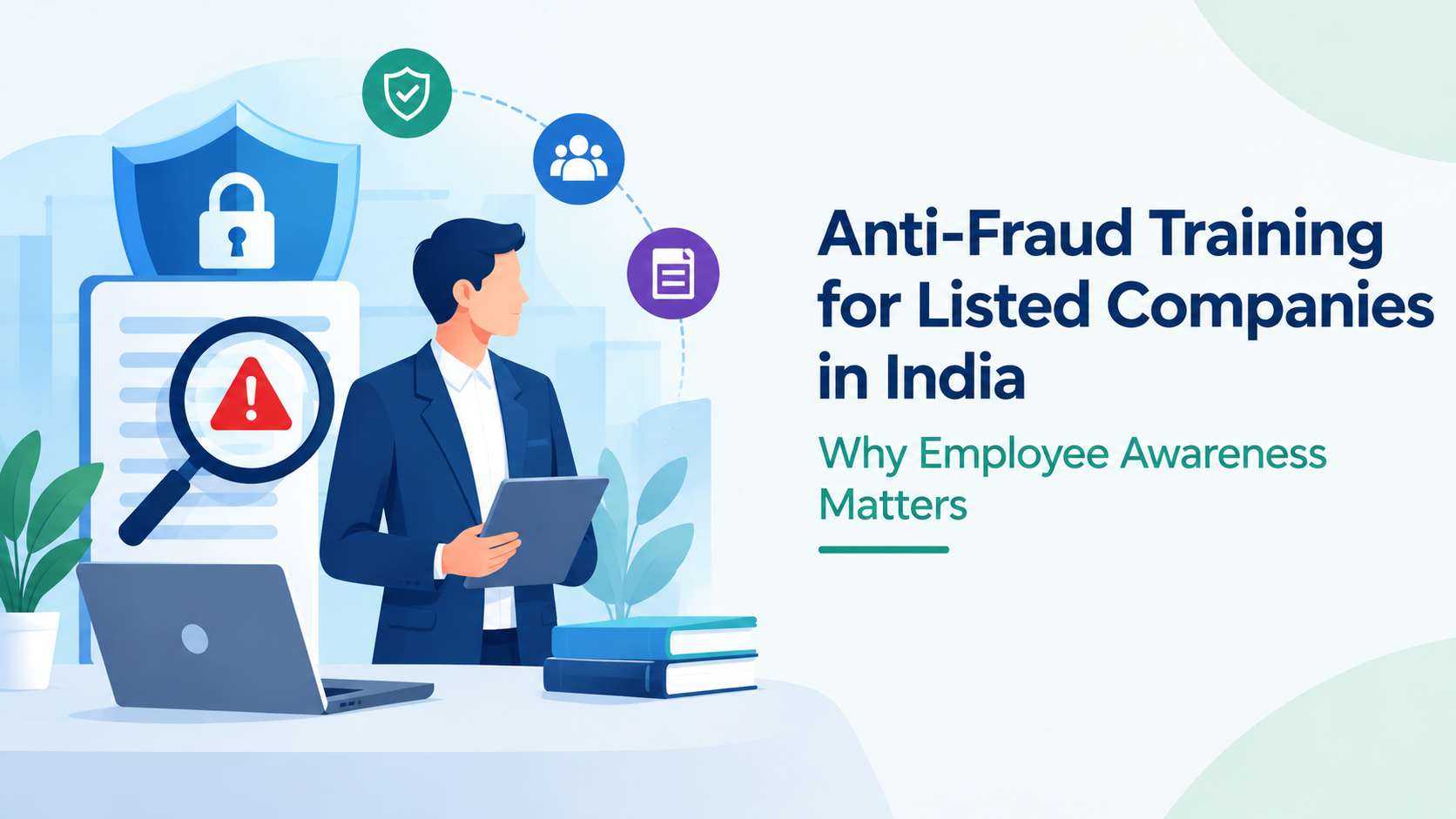 A graphic image showing a corporate employee with all compliance icons around him with anti-fraud title beside him