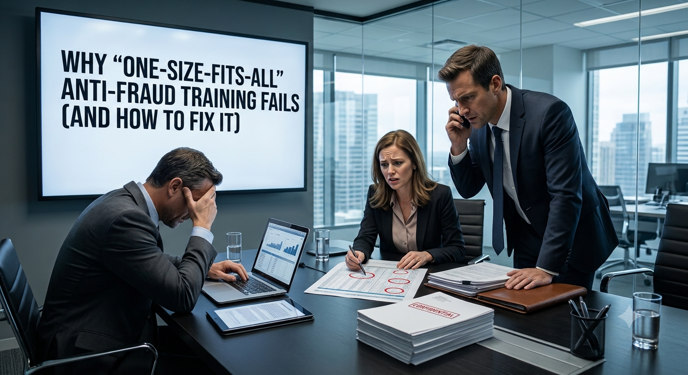 a corporate office showing troubled employees because of a fraud discovery