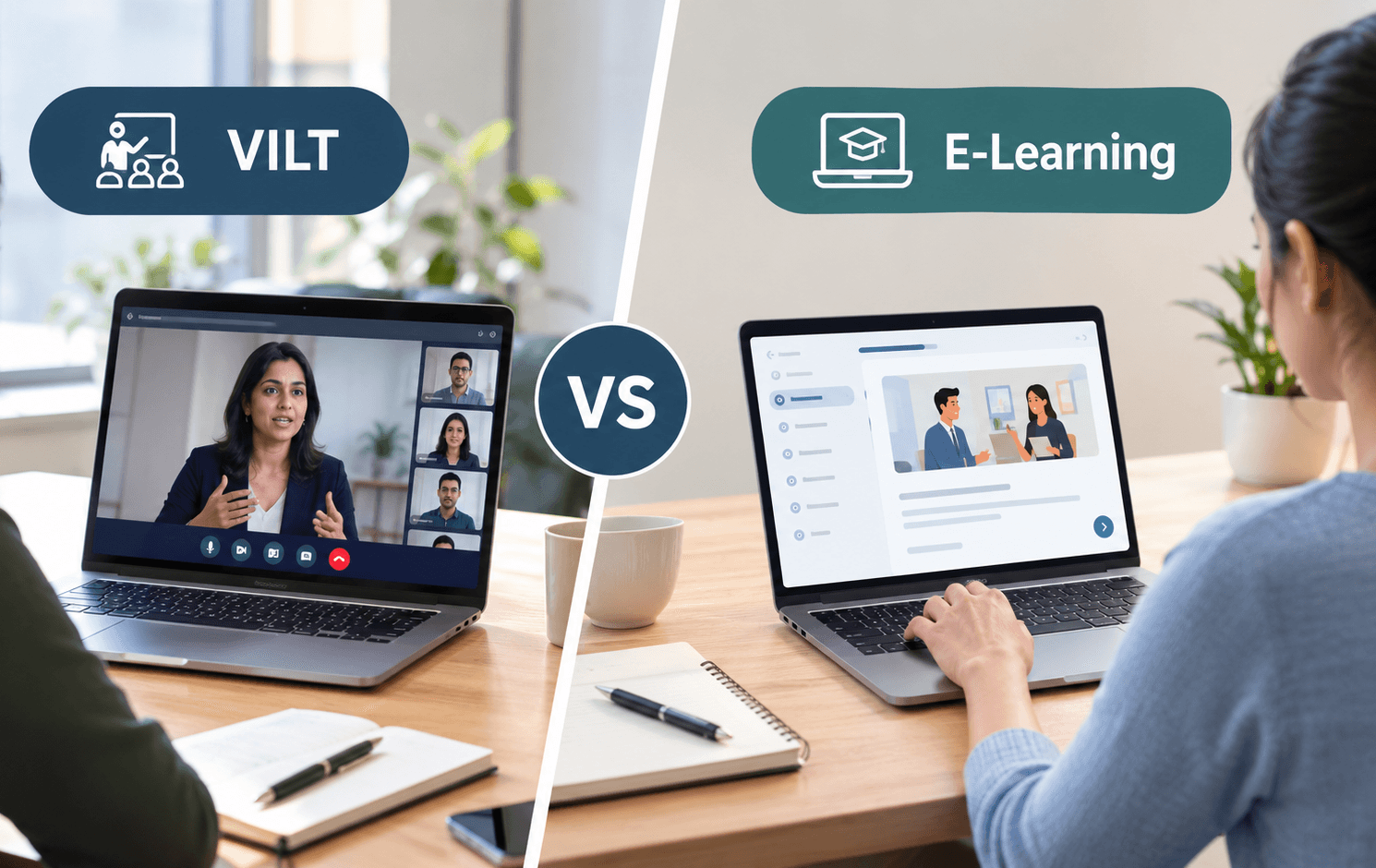 image showing a person completing a live online posh session and another browsing through posh e-learning self paced course
